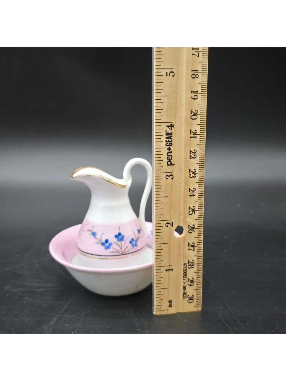 Vintage Miniature Porcelain Pitcher and Wash Basin Pink Blue Floral Gold Trim
